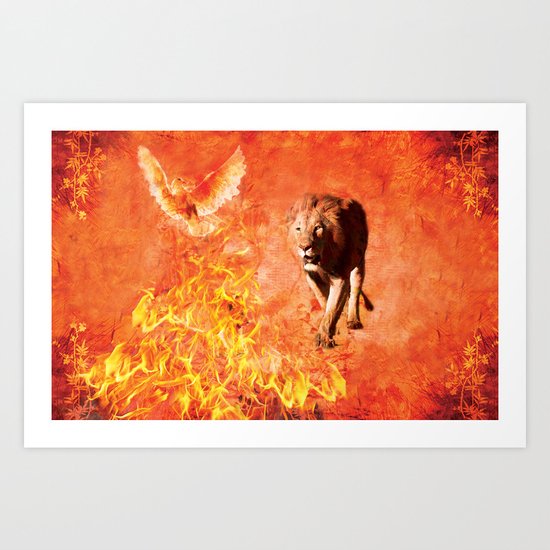 Lion Rescuing Cub from the Fire Art Print