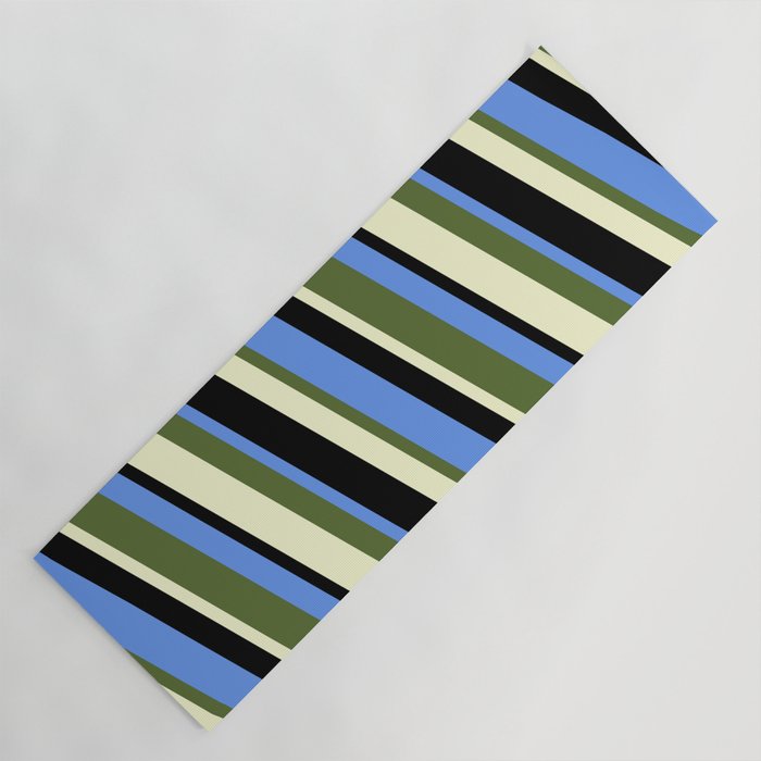 Cornflower Blue, Dark Olive Green, Light Yellow, and Black Colored Lines/Stripes Pattern Yoga Mat