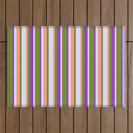 [ Thumbnail: Green, Light Salmon, Lavender & Dark Orchid Colored Stripes Pattern Outdoor Rug ]