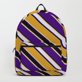 [ Thumbnail: Goldenrod, Lavender, Indigo, and Black Colored Lined Pattern Backpack ]