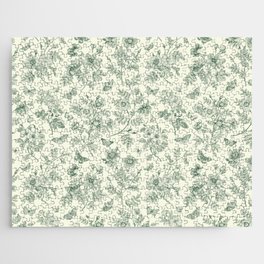 Toile de Jouy Wild Roses & Butterflies Forest Green Floral Jigsaw Puzzle