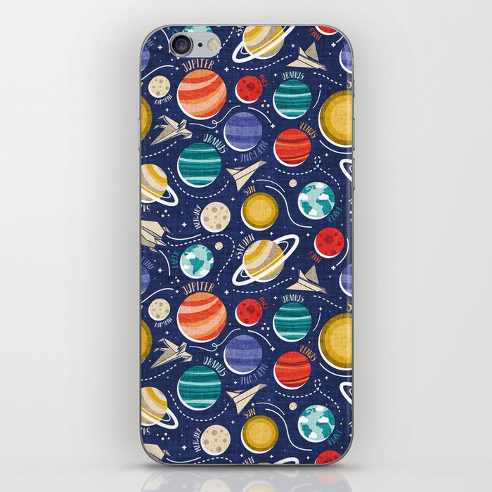 Paper space adventure I // navy blue background multicoloured solar system paper cut planets origami paper spaceships and rockets  iPhone Skin
