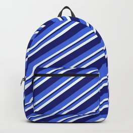[ Thumbnail: Royal Blue, Mint Cream & Midnight Blue Colored Striped Pattern Backpack ]