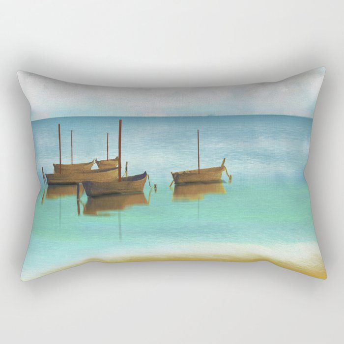 Seascape Boats Painting Impressionism Blue Ocean Artwork Rectangular Pillow