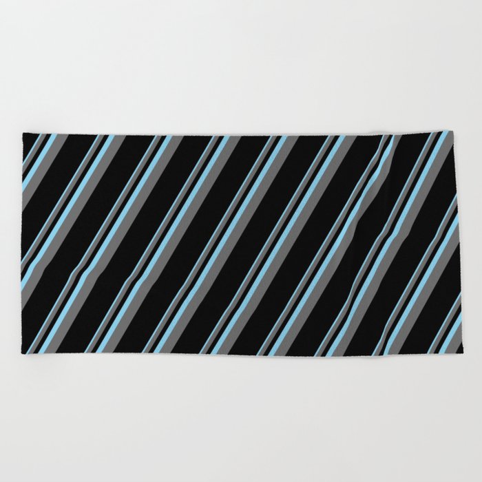 Sky Blue, Dim Grey, and Black Colored Pattern of Stripes Beach Towel