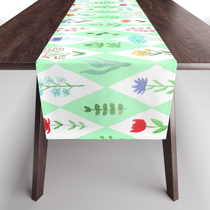 Watercolor Wildflowers on Magic Mint background Table Runner