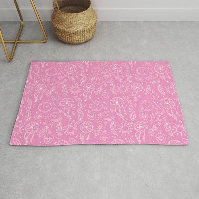 Pink And White Hand Drawn Boho Pattern Rug