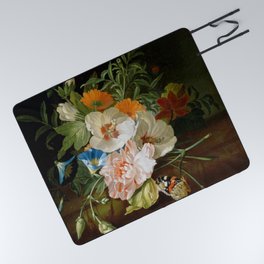 Rachel Ruysch - Posy of flowers, with a red admiral butterfly, on a marble ledge Picnic Blanket