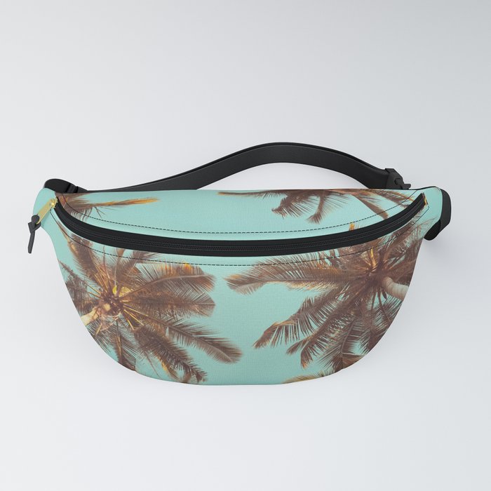 Tropical palm tree with blue sky and cloud abstract background. Summer vacation and nature travel adventure concept. Pastel tone filter effect color style.  Fanny Pack