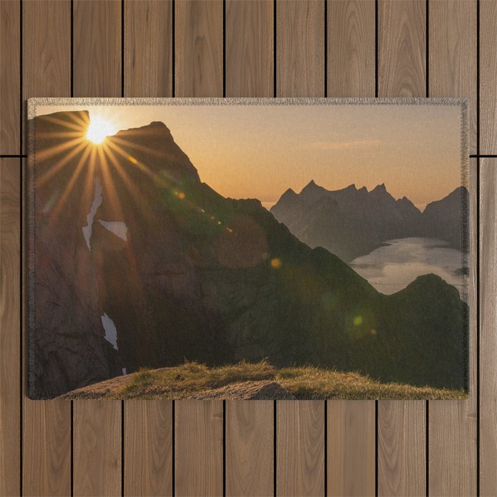 Norway Photography - Sun Peaking Over The Mountain Outdoor Rug