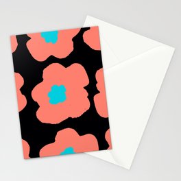 Large Pop-Art Retro Flowers in Coral on Black Background  Stationery Card