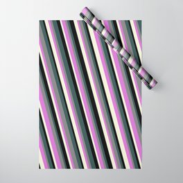 [ Thumbnail: Dark Slate Gray, Grey, Orchid, Beige & Black Colored Stripes Pattern Wrapping Paper ]