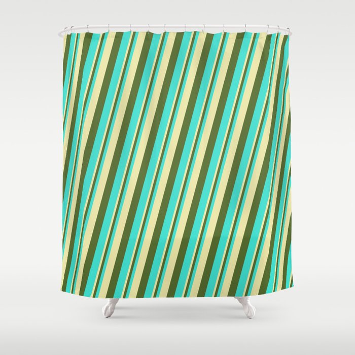 Pale Goldenrod, Dark Olive Green & Turquoise Colored Lines Pattern Shower Curtain