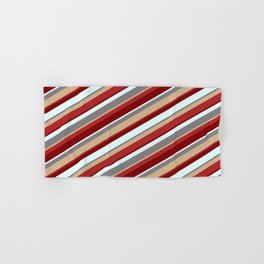 [ Thumbnail: Colorful Gray, Tan, Red, Maroon & Light Cyan Colored Lines Pattern Hand & Bath Towel ]