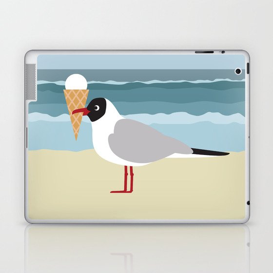 Cute seagull with ice cream by the sea Laptop & iPad Skin