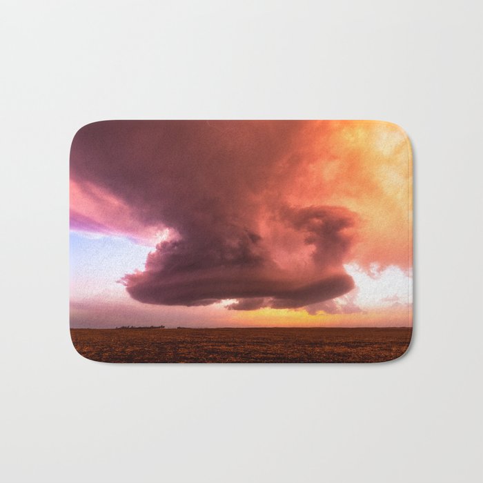 A Storm with No Rain - Supercell Thunderstorm Hovers Over Field at Sunset on Spring Evening in Kansas Bath Mat