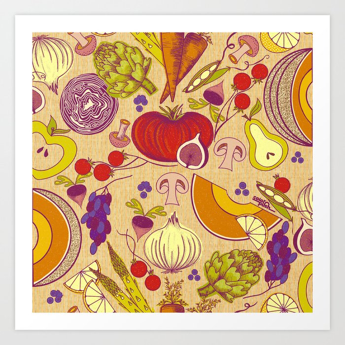 Vintage Veggies and Fruit Nostalgic Kitchen Pattern Art Print