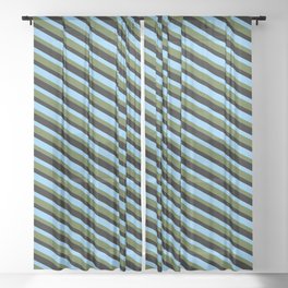 [ Thumbnail: Light Sky Blue, Dark Olive Green, and Black Colored Lines/Stripes Pattern Sheer Curtain ]