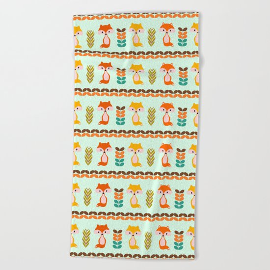 Foxes, grains and leaves Beach Towel