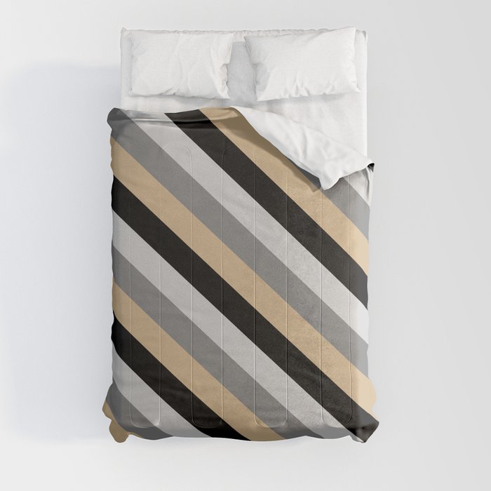 Tan, Black, Light Grey, and Gray Colored Lined/Striped Pattern Comforter