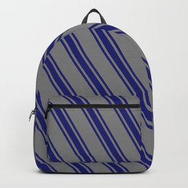 [ Thumbnail: Gray & Midnight Blue Colored Lined Pattern Backpack ]