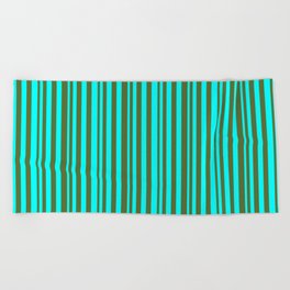 [ Thumbnail: Cyan and Dark Olive Green Colored Lined/Striped Pattern Beach Towel ]
