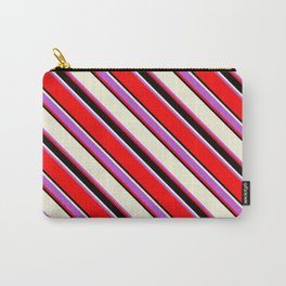 [ Thumbnail: Beige, Orchid, Red & Black Colored Striped/Lined Pattern Carry-All Pouch ]
