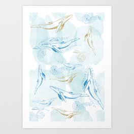 whales watercolor glitter gold Art Print