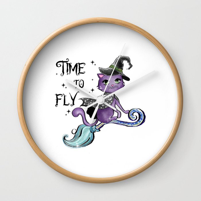 Time to fly halloween cat quote Wall Clock