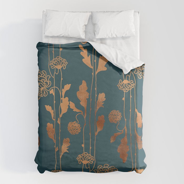 Art Deco Copper Flowers  Bettbezug | Graphic-design, Muster, Abstrakt, Modern, Smaragd, Blume, Blossom, Floral, Blumen, Botanisch