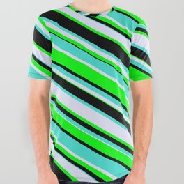 [ Thumbnail: Turquoise, Lavender, Lime & Black Colored Lines Pattern All Over Graphic Tee ]