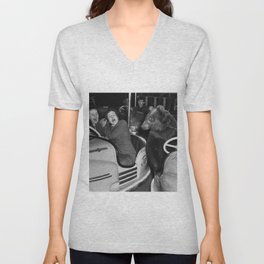 Bear with me; bear riding bumper cars scary women at carnival vintage black and white photograph - photography - photographs wall decor V Neck T Shirt