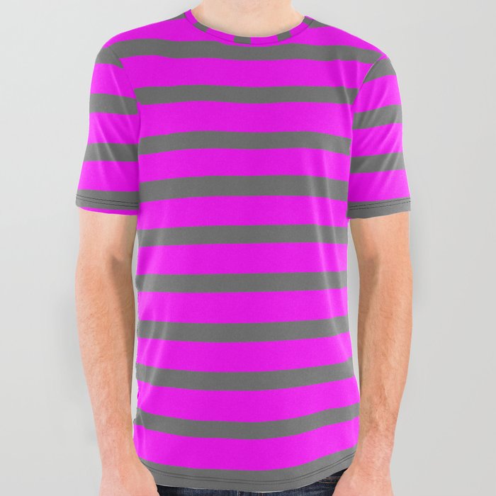 Dim Grey and Fuchsia Colored Striped/Lined Pattern All Over Graphic Tee