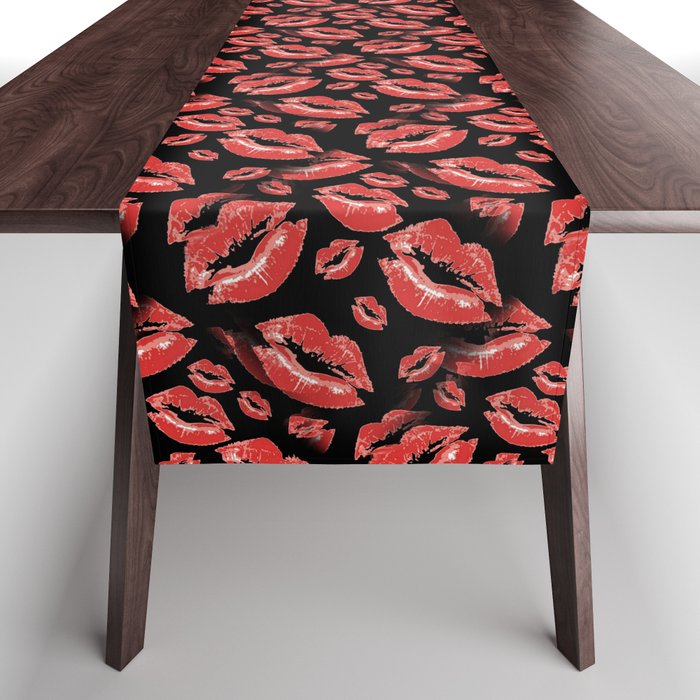 Two Kisses Collided Red Colored Lips Pattern Table Runner