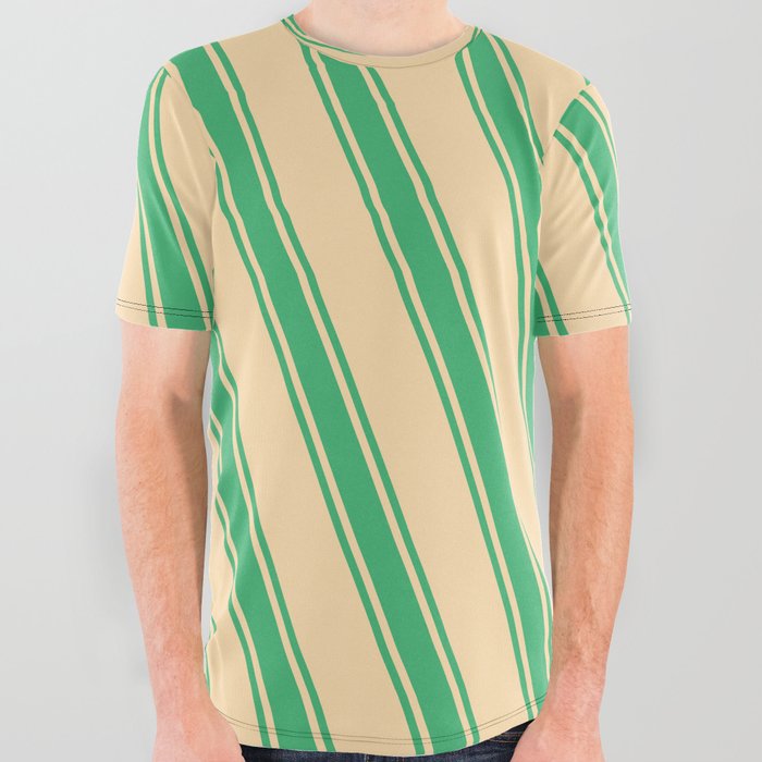 Tan and Sea Green Colored Lines Pattern All Over Graphic Tee