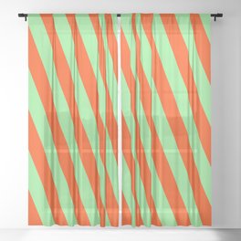 [ Thumbnail: Light Green and Red Colored Stripes/Lines Pattern Sheer Curtain ]