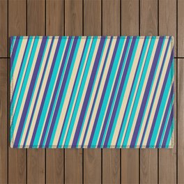 [ Thumbnail: Dark Turquoise, Tan, and Dark Slate Blue Colored Lines/Stripes Pattern Outdoor Rug ]