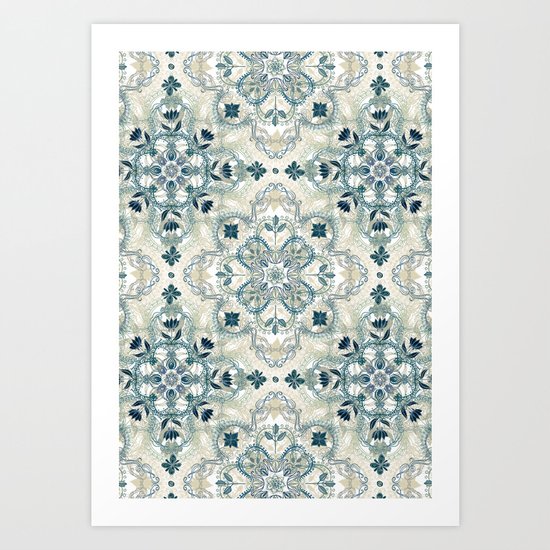 Forest Green & Neutral Taupe Detailed Lace Doodle Pattern Art Print