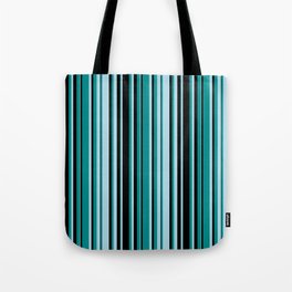 [ Thumbnail: Light Blue, Dark Cyan & Black Colored Striped Pattern Tote Bag ]