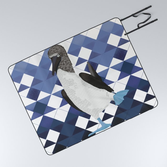 Blue-footed booby bird on ombre blue geometric pattern Picnic Blanket