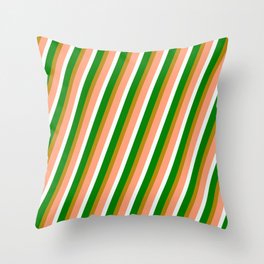 [ Thumbnail: Dark Goldenrod, Light Salmon, Mint Cream, and Green Colored Pattern of Stripes Throw Pillow ]