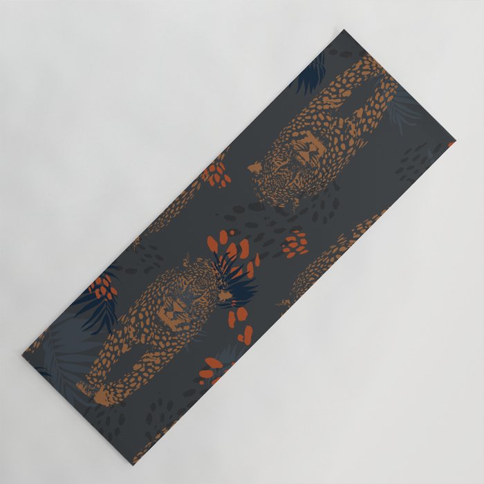 Midnight Leopard - Navy and orange Leopard and Palm pattern Yoga Mat