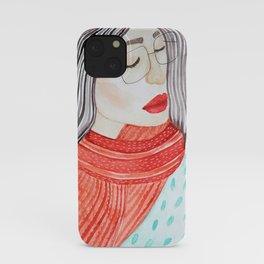 Beautiful lady with closed eyes in a red scarf wearing eyeglasses. Watercolor illustration. iPhone Case