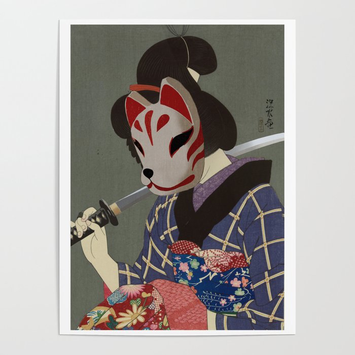 Ukiyo e - Kitsune Samurai With Katana Poster