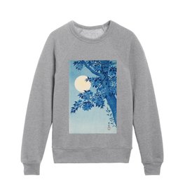 Japanese Painting of Blue Cherry Blossom and Moon Vintage Cherry Blossom Floral Painting Kids Crewneck