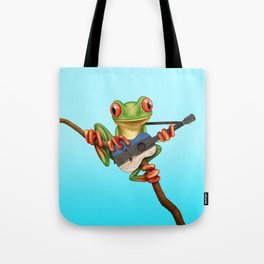 Tree Frog Playing Acoustic Guitar with Flag of Estonia Tote Bag
