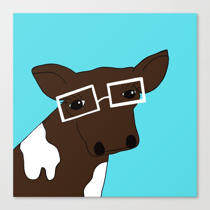 Matilda the Hipster Cow Canvas Print | Drawing, Digital, Cow, Cow-art, Hipster-cow, Bovine, Bovine-art, Brown-and-white-cow, Fun-cow-art, Cow-with-glasses