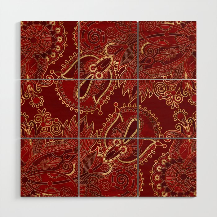 Paisley Floral  Ornament Ruby red and gold Wood Wall Art