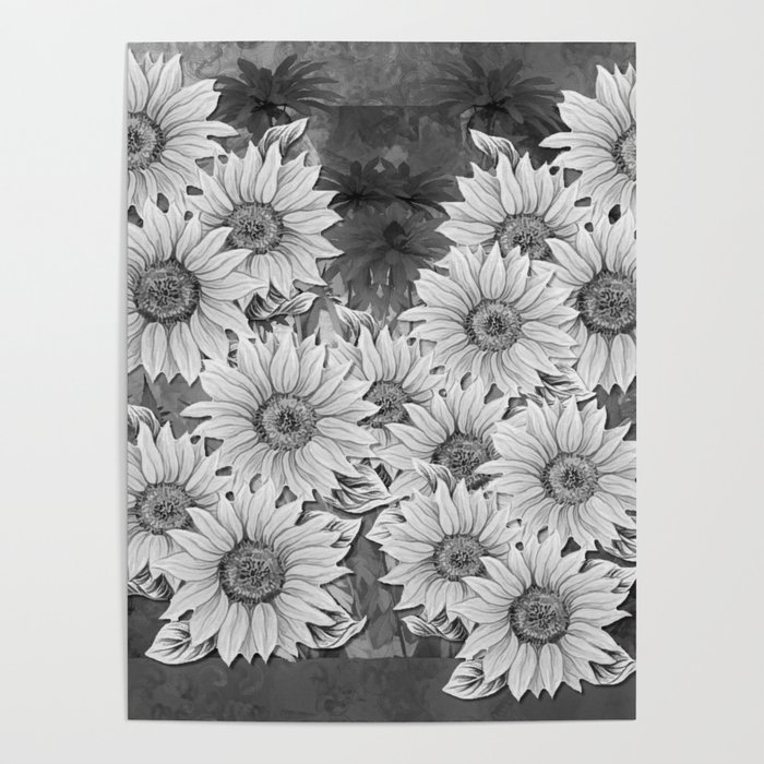 Watercolor Sunflower Pattern (Black and White) Poster by NoColorDesigns