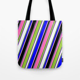 [ Thumbnail: Eye-catching Green, Blue, Hot Pink, Mint Cream & Black Colored Pattern of Stripes Tote Bag ]